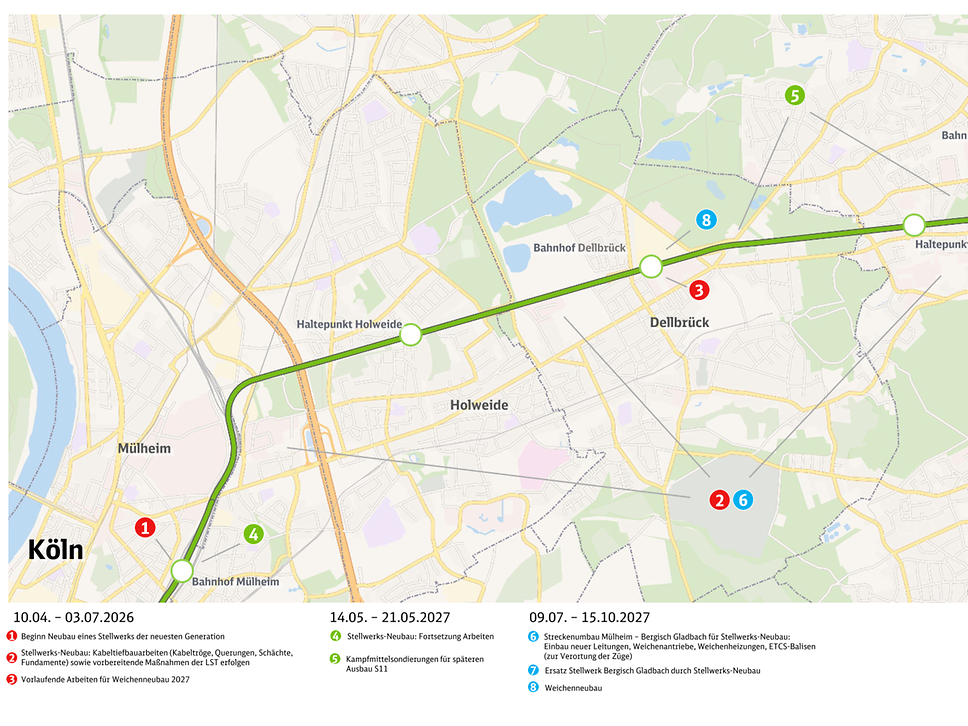 Grafik zu den geplanten Streckensperrungen zwischen Köln-Mülheim und Bergisch Gladbach (© DB AG)