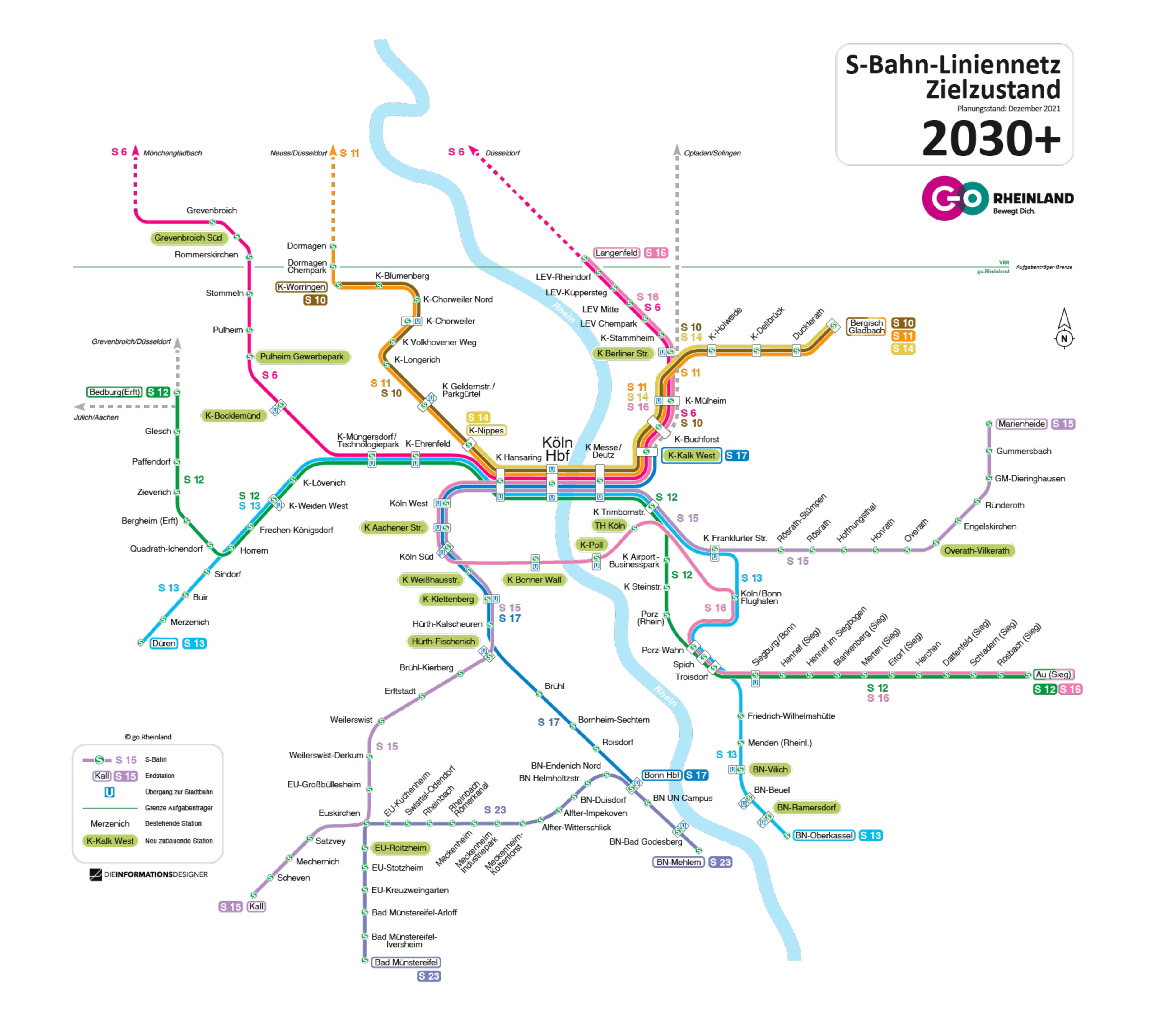 Die Karte zeigt das geplante S-Bahn-Liniennetz im Raum go.Rheinland mit einem Zielzustand für das Jahr 2030 und darüber hinaus.