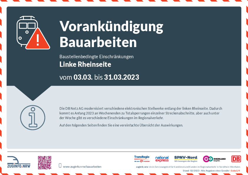 Bauarbeiten "Linke Rheinseite" - 03.03.2023 bis 31.03.2023 (Vorankündigung) 
