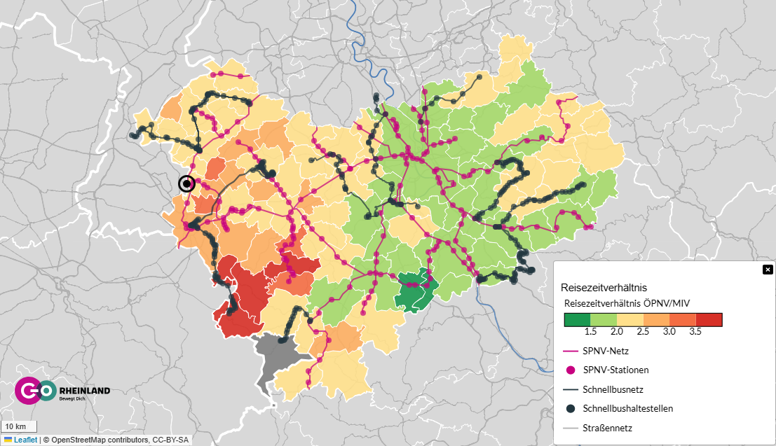 Reisezeitverhältnis zwischen Hellenthal und den übrigen Gemeindezentren im go.Rheinland-Gebiet